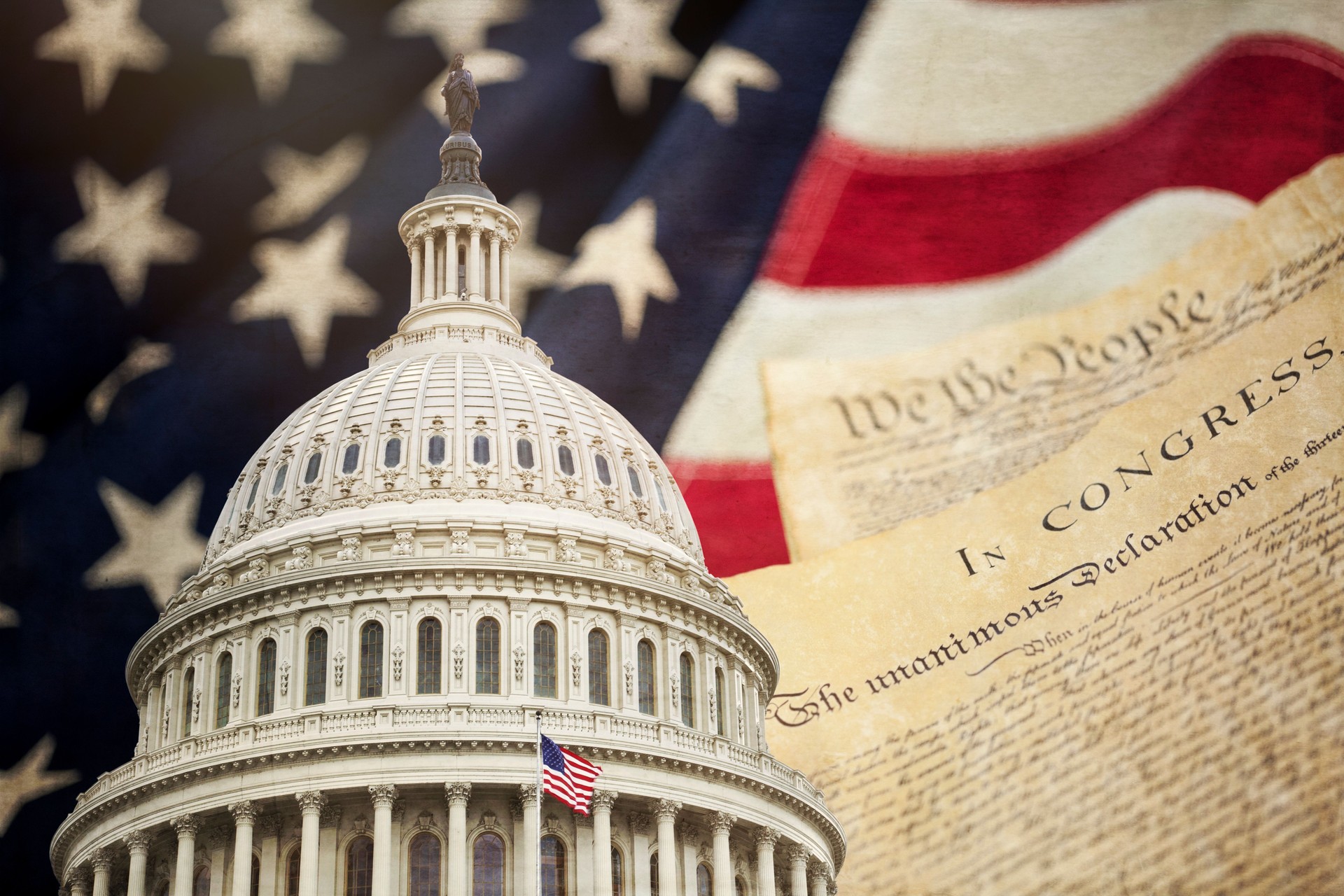 American Flag, Capitol building and the United States Constitution American Flag, Capitol building and the United States Constitution